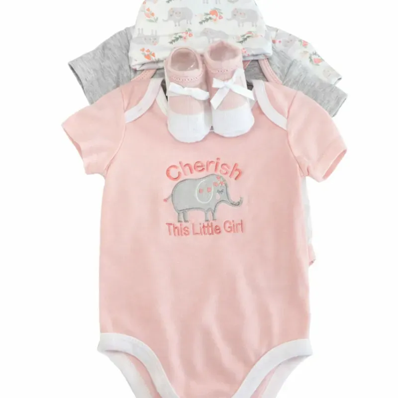 Conjunto Rosa y Blanco con Body de Elefante, Gorros y Accesorios para Bebé