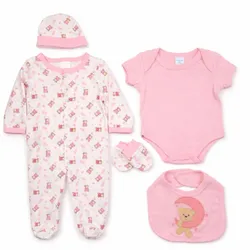 Conjunto Rosa y Blanco con Body, Pantalón, Gorro y Guantes de Osito para Bebé