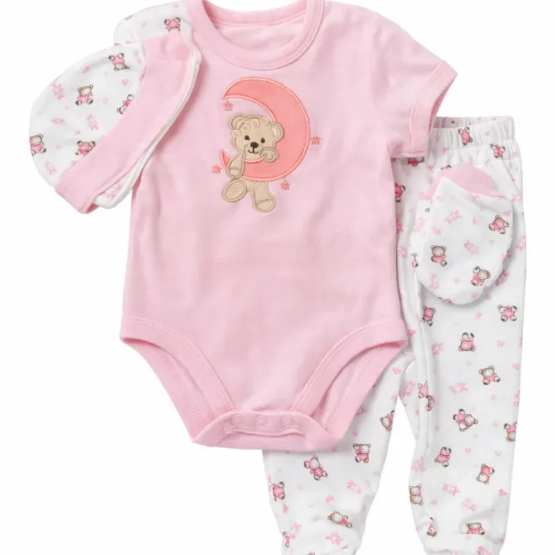 Conjunto Rosa y Blanco con Body, Pantalón, Gorro y Guantes de Osito para Bebé