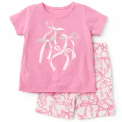 Conjunto Rosa y Blanco con Pullover y Short Lazos