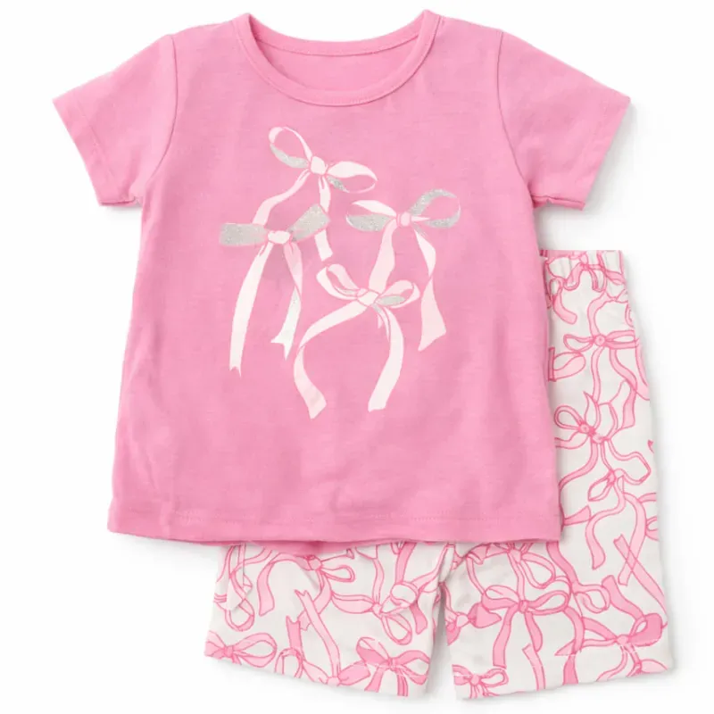 Conjunto Rosa y Blanco con Camiseta y Short Lazos para Bebé