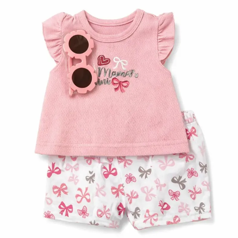 Conjunto Rosa y Blanco con Top Bordado, Short de Lazos y Gafas para Bebé