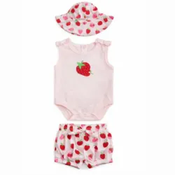 Conjunto Rosa y Blanco con Top de Fresa, Short y Cubrepañal para Bebé