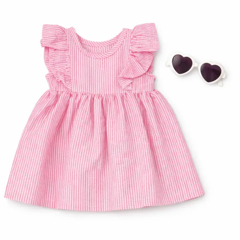 Conjunto Rosa y Blanco con Vestido Rayas y Gafas para Bebé