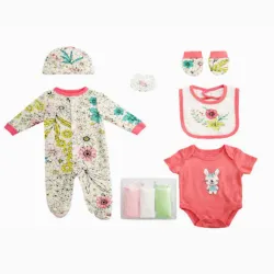 Conjunto Rosa y Crema con Body, Pantalón, Babero y Pañitos Florales para Bebé