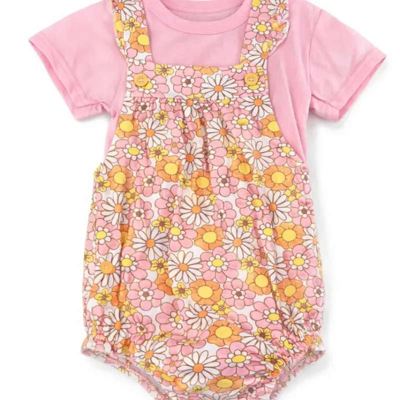 Conjunto Rosa y Multicolor con Playera y Romper Floral para Bebé