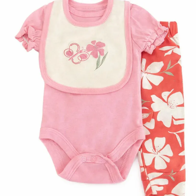 Conjunto Rosa y Rojo con Body, Pantalón y Babero Floral para Bebé