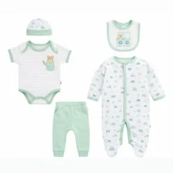 Conjunto Verde con Body, Pantalón, Gorro y Babero para Bebé
