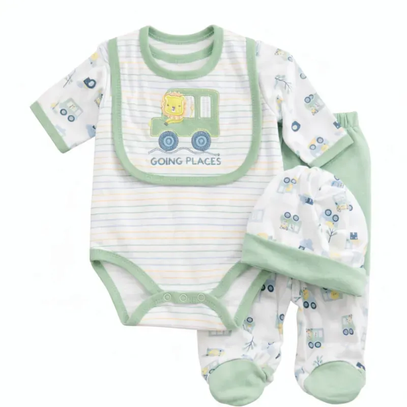 Conjunto Verde con Body, Pantalón, Gorro y Babero para Bebé