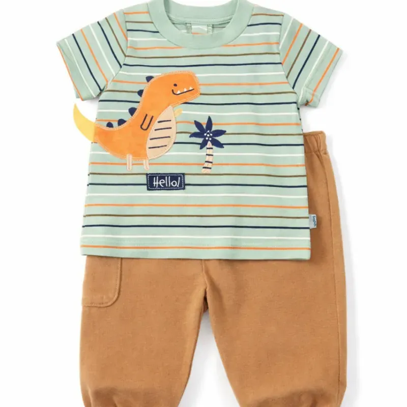 Conjunto Verde y Marrón con Camiseta de Dinosaurio y Pantalón para Niño