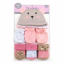 Conjunto  Rosa con Gorro, Manoplas y Medias para Bebé