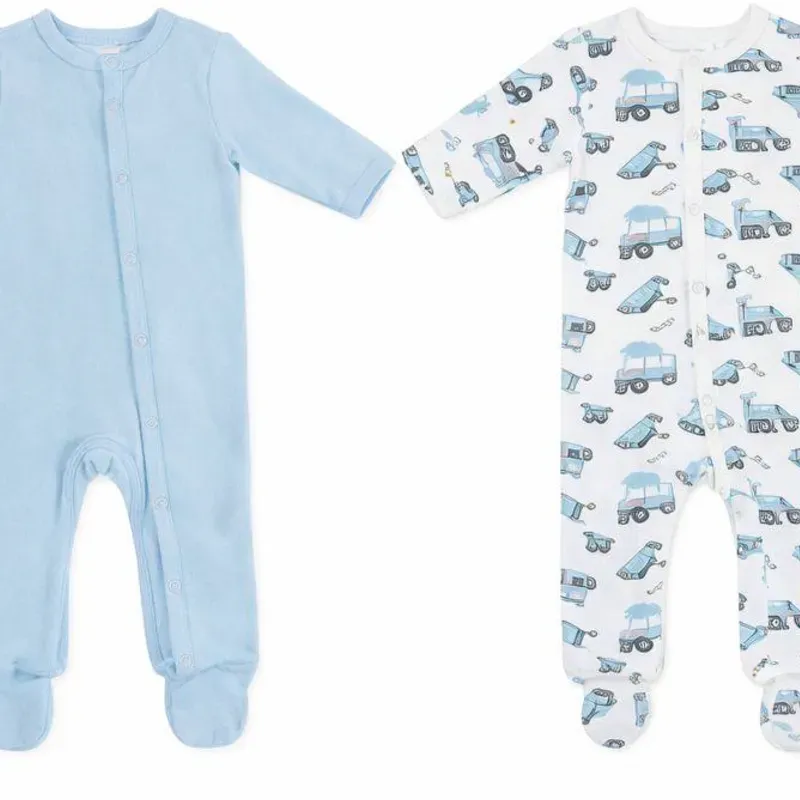 Set Azul y Blanco de Enterizo Liso y de Vehículos para Bebé