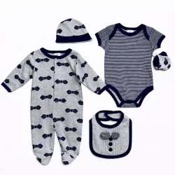 Set Azul y Gris con Body, Enterizo y Accesorios para Bebé