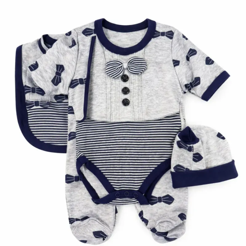 Set Azul y Gris con Body, Babero y Gorro para Bebé