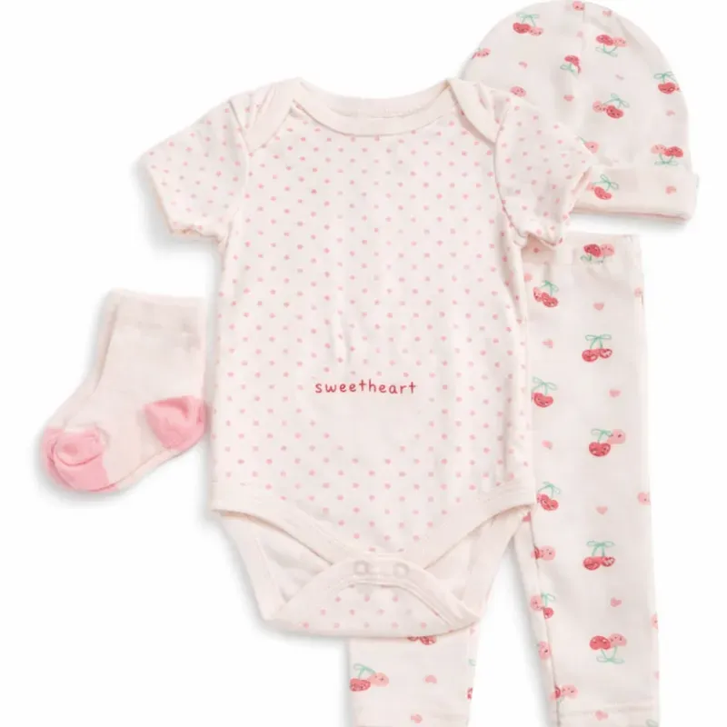 Set Blanco y Rosa con Body, Pantalón, Gorro y Calcetines Cereza para Bebé