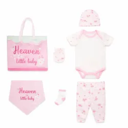 Set Blanco y Rosa con Body, Pantalón, Gorro y Manoplas para Bebé