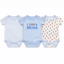 Set de Bodys Celeste, Blanco con Ositos y Rayado para Bebé