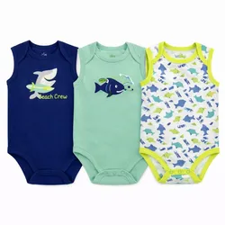 Set de Bodys Azul, Celeste y Verde con Estampado de Tiburón para Bebé
