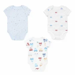 Set de Bodys Azul y Blanco con Estampado de Carros para Bebé