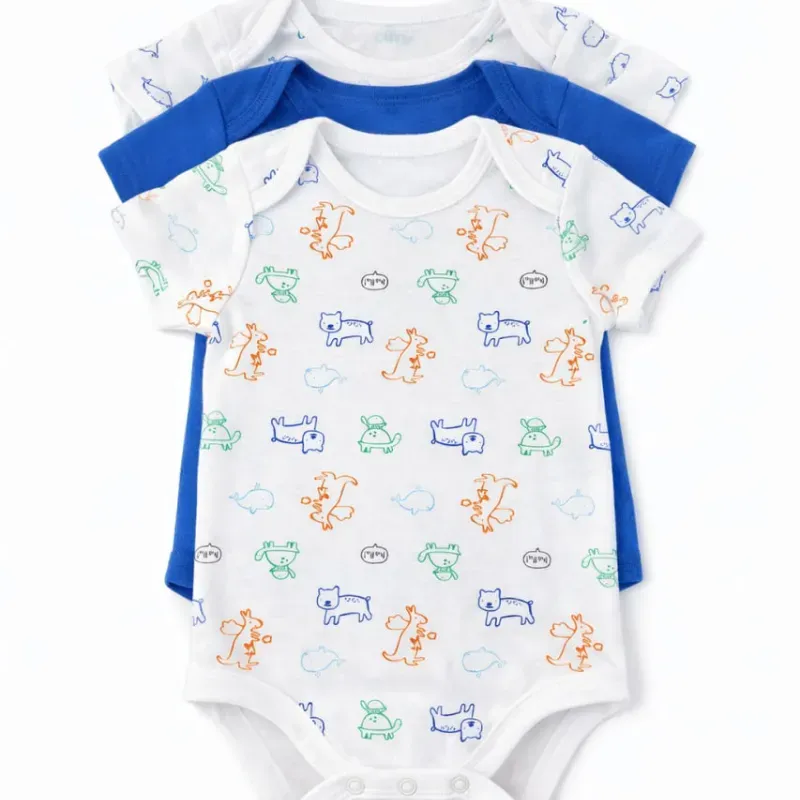 Set de Bodys Blanco, Azul y Animalitos para Bebé