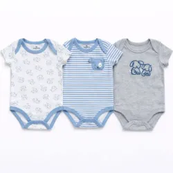 Set de Bodys Gris, Azul y Blanco con Estampado Perritos para Bebé