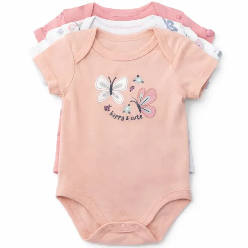 Set de Bodies Rosa, Blanco y Durazno con Bordados de Mariposas y Flores para Bebé