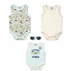 Set de Bodies Verde, Crema y Camuflaje con Dinosaurios y Gafas para Bebé