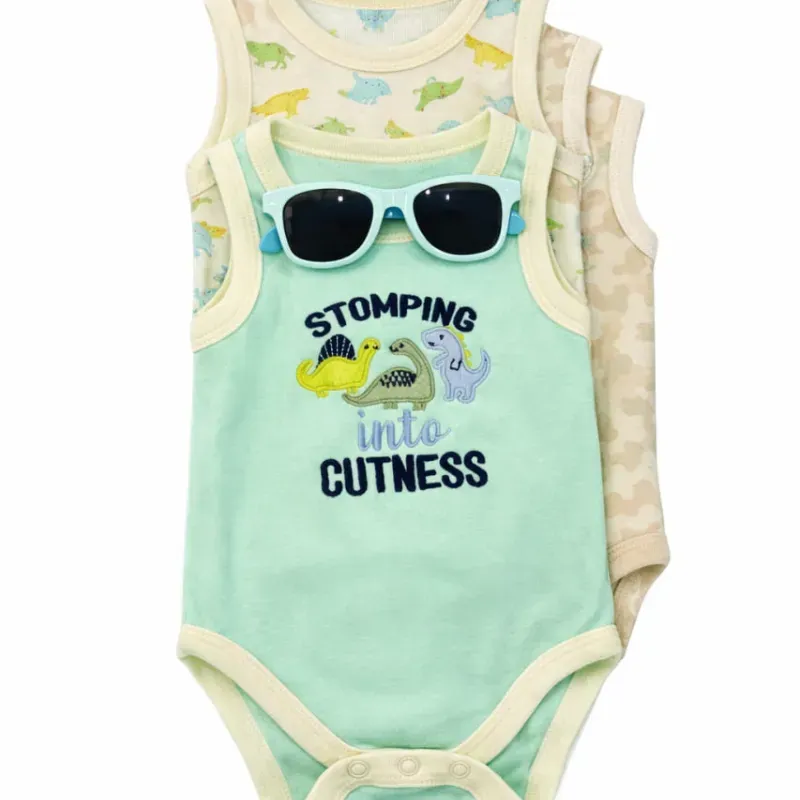 Set de Bodies Verde, Crema y Camuflaje con Dinosaurios y Gafas para Bebé