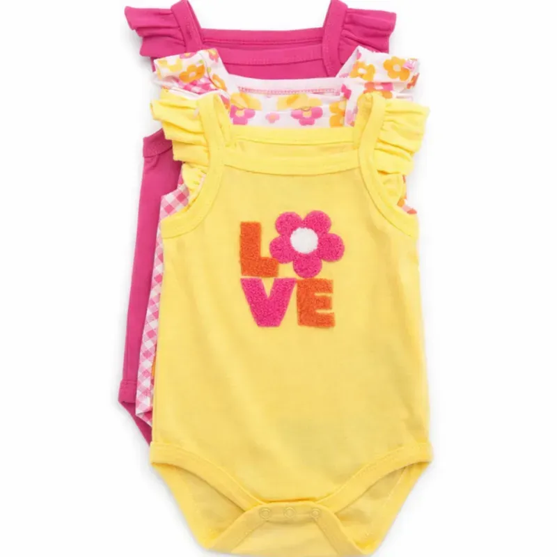 Set de Bodys Amarillo, Blanco y Rosa con Flores para Bebé