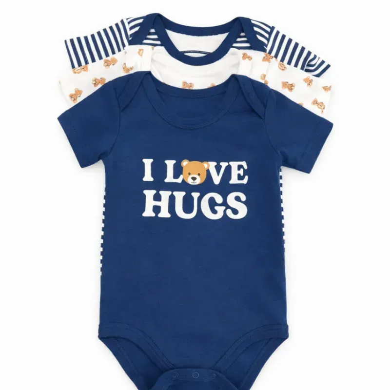 Set de Bodys Azul, Blanco con Ositos y Rayas para Bebé