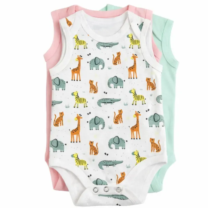 Set de Bodys Blanco, Rosa y Verde con Estampado Animales para Bebé