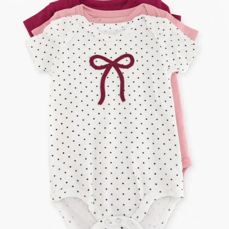 Set de Bodys Blanco, Rosa y Vino con Moño para Bebé