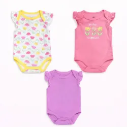Set de Bodys Coral, Morado y Blanco con Flores para Bebé