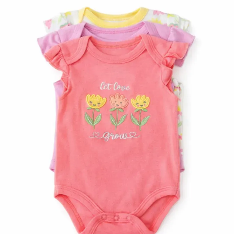 Set de Bodys Coral, Morado y Blanco con Flores para Bebé