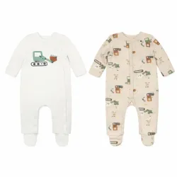 Set de Pijamas Enterizos de Excavadora Blanco y Beige para Bebé