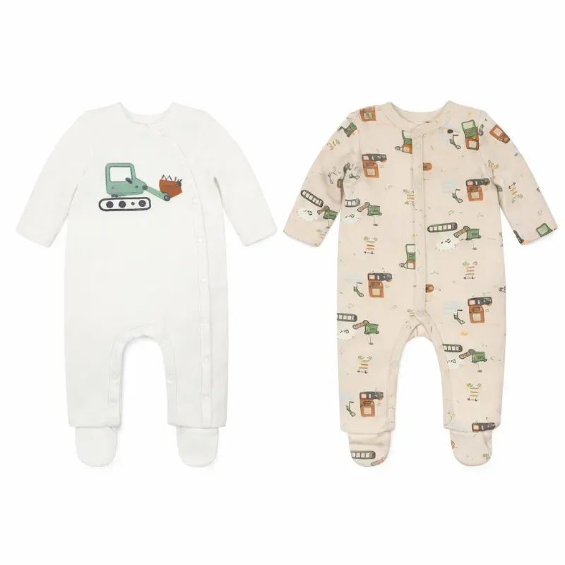 Set de Pijamas Enterizos de Excavadora Blanco y Beige para Bebé