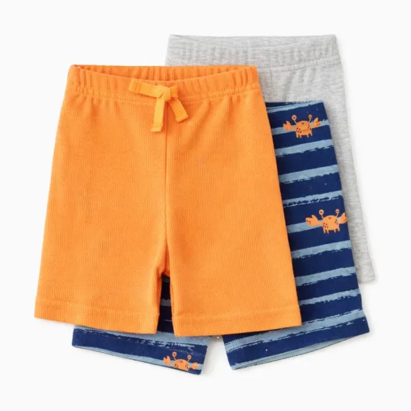 Set de Shorts Naranja, Azul con Cangrejos y Gris para Bebé
