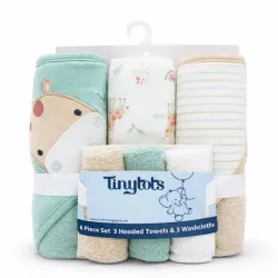 Set de Toallas con Capucha y Paños Animalitos Verde y Beige para Bebé
