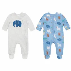 Set Gris y Azul de Enterizos de Elefante y Animalitos para Bebé