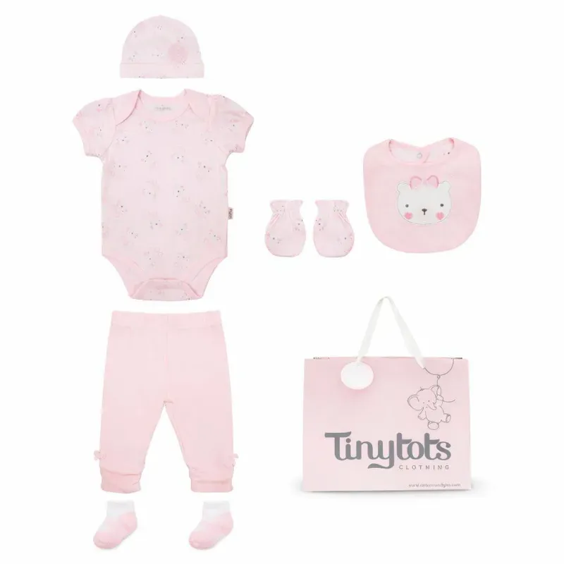 Set Rosa con Osito, Body, Pantalón, Gorro y Manoplas para Bebé
