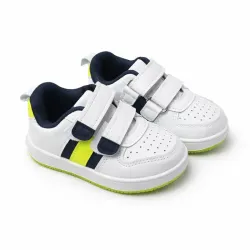 Tenis Blancos con Detalles Azul y Amarillo con Peguetas