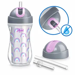 Vaso Chicco con Tapa Abatible para Niños Pequeños 12 meses +, Antiderrame 9oz, Diseño Arcoíris