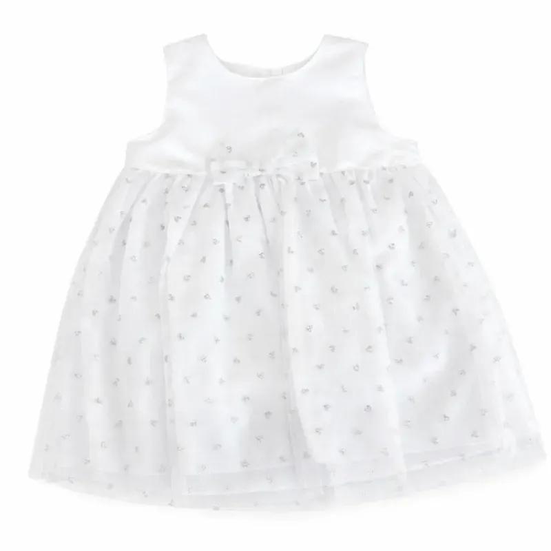Vestido Blanco con Flores Plateadas y Lazo para Bebé