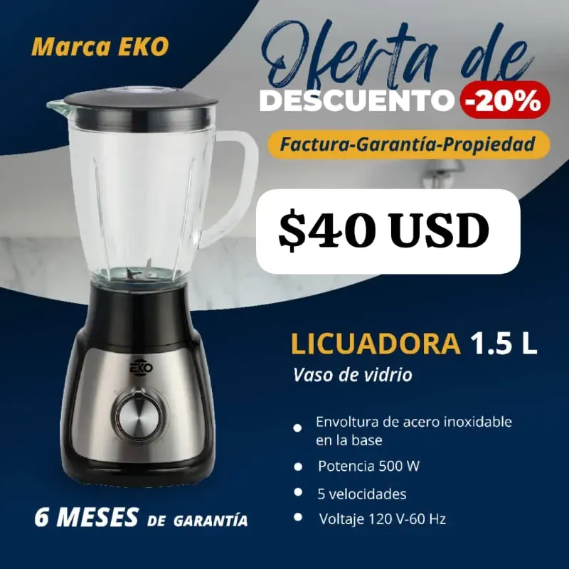 Licuadora EKO 1,5 litros vaso de cristal