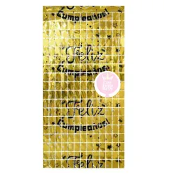 Cortina de cuadros dorada con feliz cumpleaños