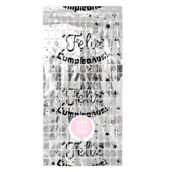 Cortina de cuadros plateada con feliz cumpleaños