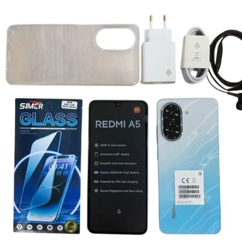 Teléfono Redmi A5 con accesorios
