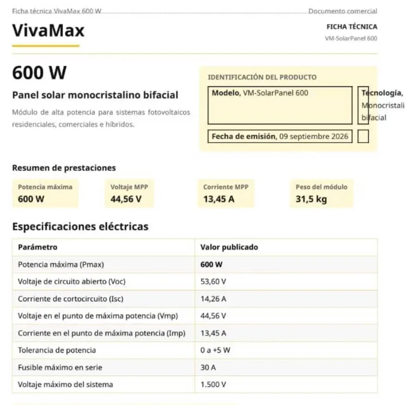 PANELES VIVAMAX 600W