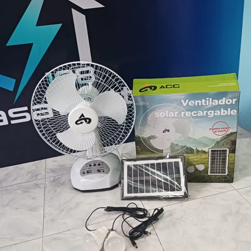 VENTILADOR RECARGABLE ACC MESA 2 BOMBILLOS Y PANEL SOLAR