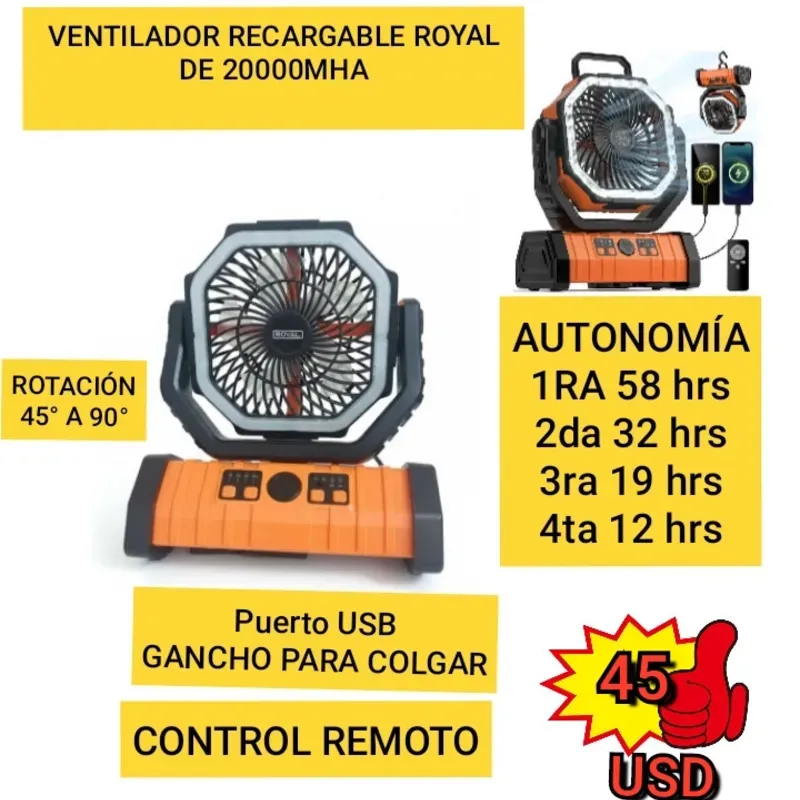 VENTILADOR RECARGABLE PORTÁTIL ROYAL TIPO F6 45 USD